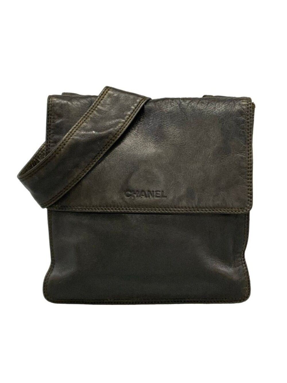 Chanel Shoulder Bag Dark Brown Logo Leather
